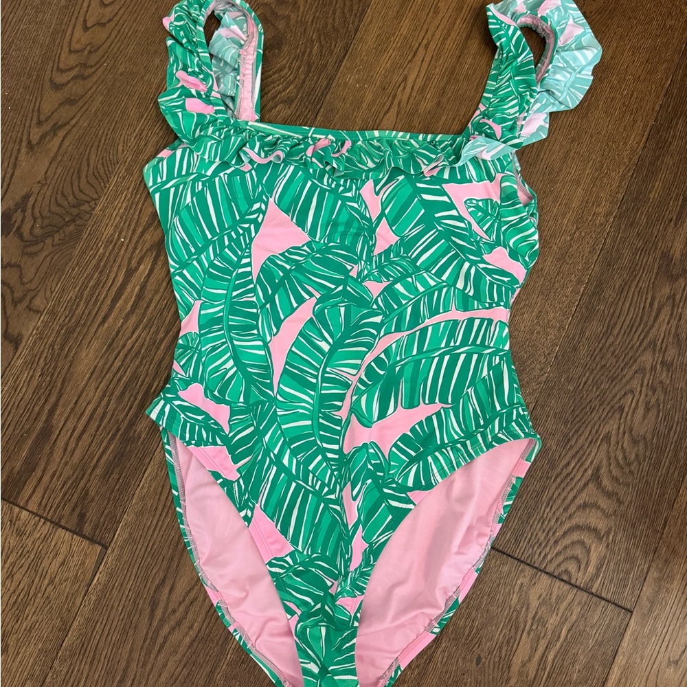 Tropical Green and Pink Leaf Print Women's Swimsuit